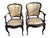 Pair of 1940s French Provincial armchairs in maple with ebony color finish. Carved frames in Louis XV style with cabriole...