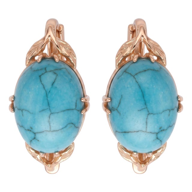 Vintage 14kt Yellow Gold Natural Turquoise Cabochon Earrings, Pair For Sale