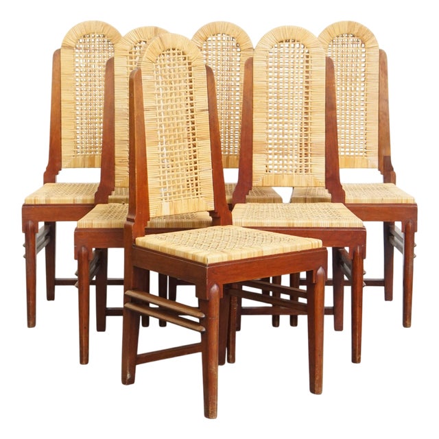 Art Deco Wooden Dining Room Chairs with Wicker Seats and Backrests, Set of 6 For Sale