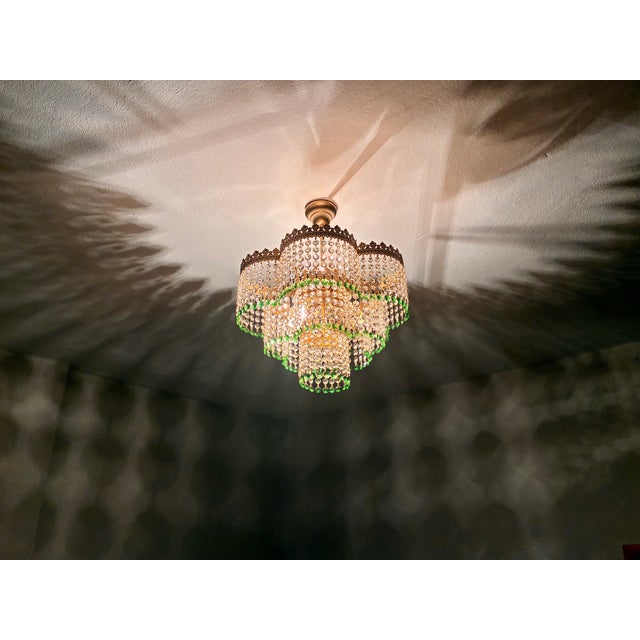 Vintage Crystal Tiered Flush Mount Chandelier With Green Crystal Accents - Restored For Sale - Image 18 of 18