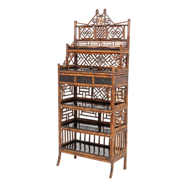 Aesthetic Movement Chinoiserie Bamboo and Elm Etagere, 19th Century For Sale