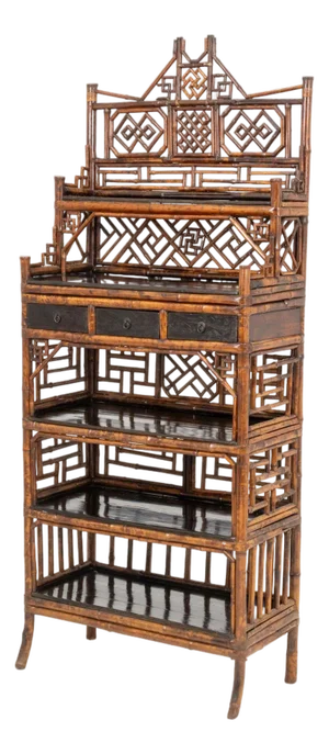 Aesthetic Movement Chinoiserie Bamboo and Elm Etagere, 19th Century
