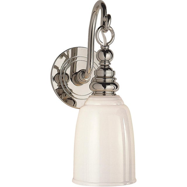 Boston Loop Arm Sconce in Chrome with White Glass Designer: Chapman & Myers Height: 12.5" Extension: 7.5" Backplate: 4.75"...