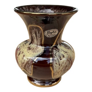 A Vintage Jasba Keramik Vase With a Brown and Cream Glaze and Gold Rim. For Sale