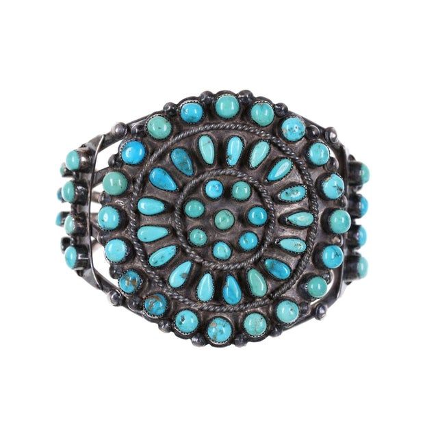Native American c1940's Native American silver Turquoise Cluster cuff bracelet For Sale - Image 3 of 7