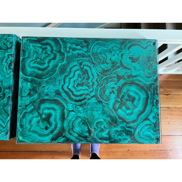 2010s Hollywood Regency Faux Malachite Cube Tables - A Pair For Sale - Image 5 of 8
