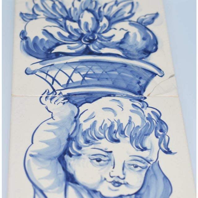 Shabby Chic Vintage Hand Painted Portuguese Decor 4-Tile Azulejos "Cherub " Signed Lisboa For Sale - Image 3 of 9