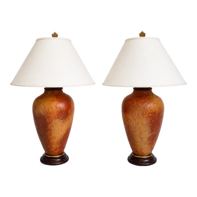 Late 20th Century Pair of Wildwood Mid-Century Modern Brass Wood Table Lamps With Original Shades For Sale