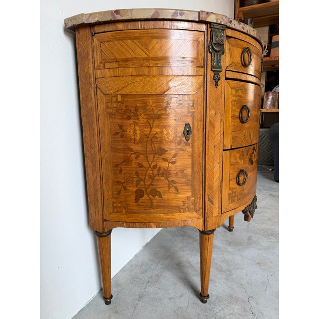 Brown 19th-Century French Louis XVI Style Marquetry Inlaid Demi-Lune Cabinet With Breccia Marble Top For Sale - Image 8 of 18