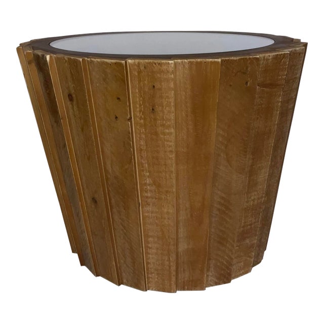 Organic Modern Natural Wood Slat Medium Side Table For Sale