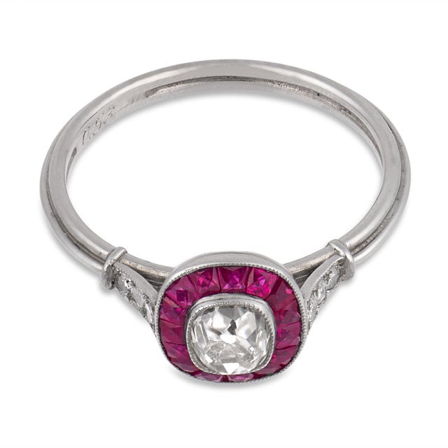 Contemporary 1930s Art Deco Inspired Old Mine Cut Diamond Ruby Target Platinum Ring, Size 6.25 For Sale - Image 3 of 6