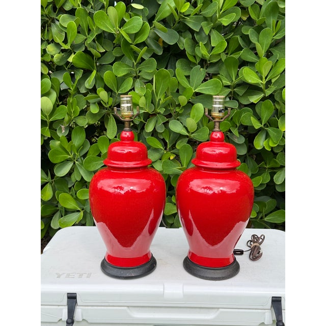 Vintage Crackle Glazed Red Ceramic Table Lamps, Pair For Sale - Image 4 of 10