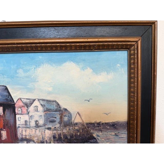 V. Caskey Coastal Harbor Vintage Oil Painting Signed 1975 Maritime Seascape Art For Sale - Image 10 of 12