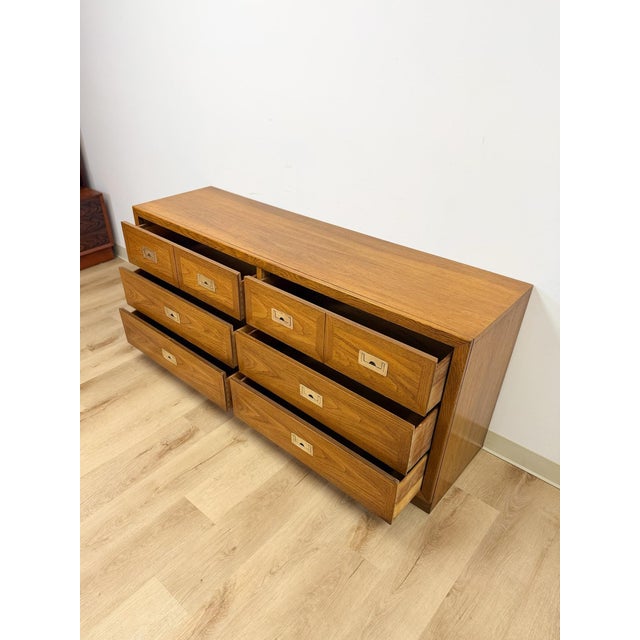 Vintage MCM Dixie Act 2 Campaign Style Dresser Brass Pulls Warm Wood Tone Lowboy For Sale - Image 11 of 14