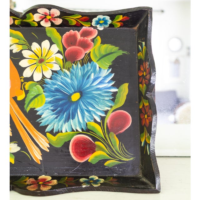 Wood 1930s Hand Painted Mexican Folk Art Tray With Polychrome Flowers and Bird For Sale - Image 7 of 16