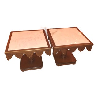 1910-20 Italian Venetian Regency Carved Mahogany/ Gilt Marble Topped Side/ Accent Tables a - Pair For Sale