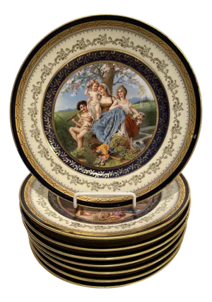 1920s Set of 8 Porcelain Allegorical Scene Plates