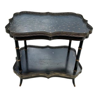 Vintage Two Tier Painted Faux Bamboo Ebonized Etagere With Decorative Brass Edges For Sale