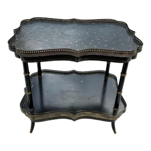 Vintage Two Tier Painted Faux Bamboo Ebonized Etagere With Decorative Brass Edges
