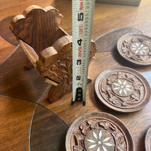 1970s Collection of Hand Carved Wooden Coasters With Holder - 6 pcs For Sale - Image 10 of 12