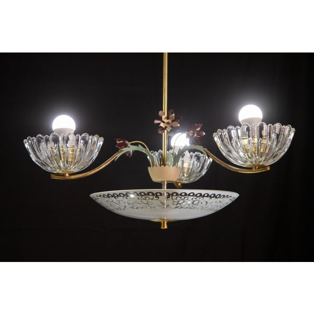 Metal Italian Midcentury Art Decò Murano Glass and Brass Chandelier, 1950s For Sale - Image 7 of 12