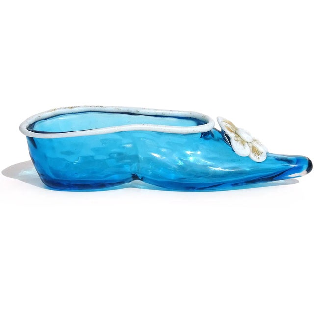 Beautiful antique Venetian / Murano hand blown blue, white and gold flecks Italian art glass ballet slipper. The delicate...