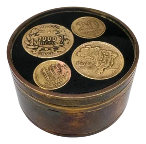1950s Brazilian Bronze Souvenir Box with Inlaid Historic Coins by Alberti