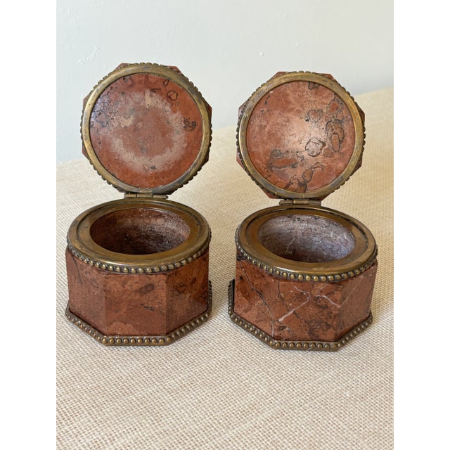 Metal Pair Antique 19th Century Red Marble Bronze French Neoclassical Boxes / Inkwells For Sale - Image 7 of 12