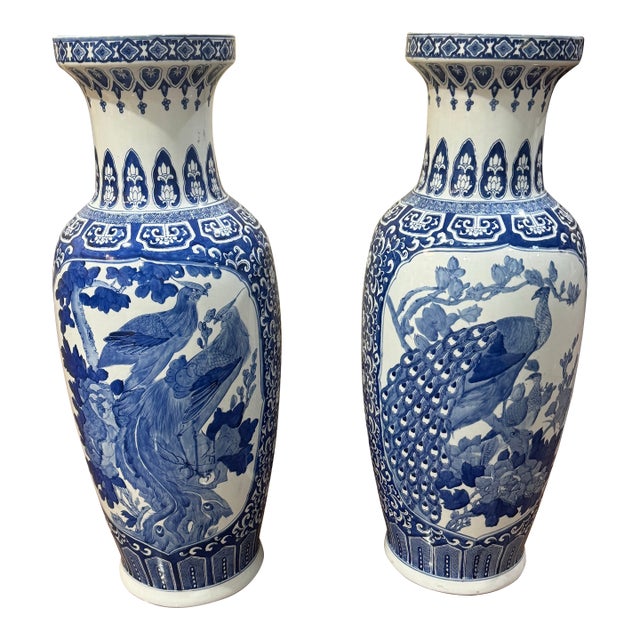Pair of Vintage Blue & White Ceramic Vases For Sale