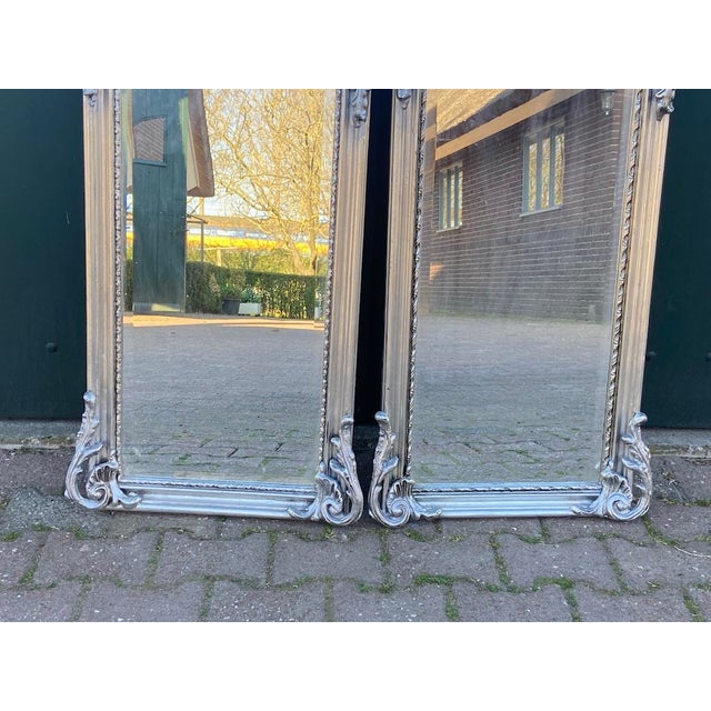 Late 20c Rococo Silver Finish Floor Mirrors – 2 Pc For Sale - Image 11 of 14