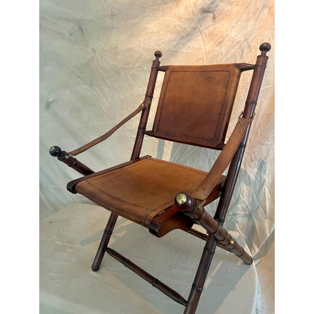 Metal Pair of Faux Bamboo Folding Leather and Wood Campaign Chairs with Brass Details For Sale - Image 7 of 12