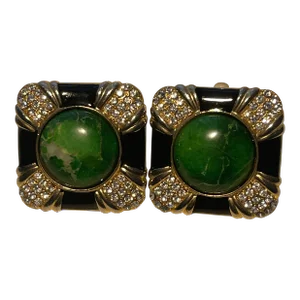 1940s Square Emerald/Onyx/Czs Statement Clip Earings - 2 Pieces