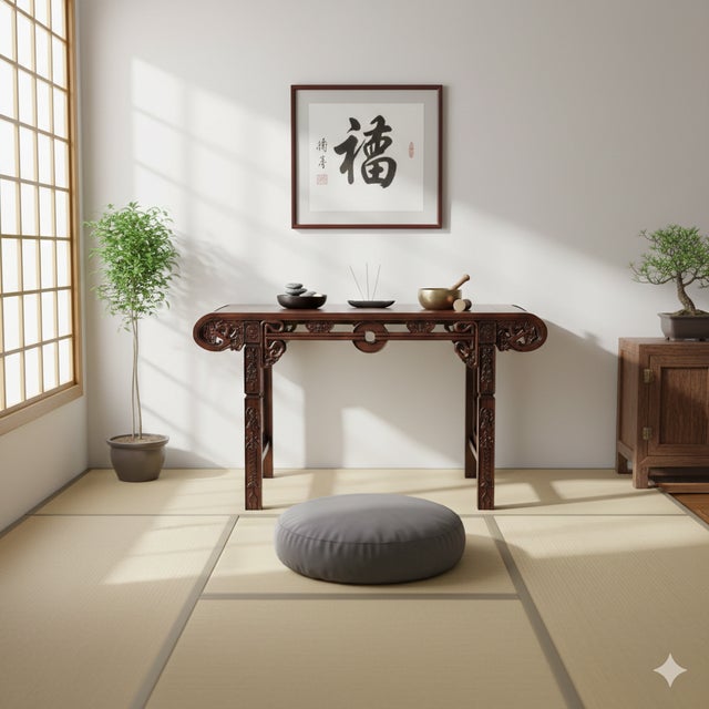 Wood Vintage Oriental Brown Scroll End RuYi Apron Altar Console Table For Sale - Image 7 of 12