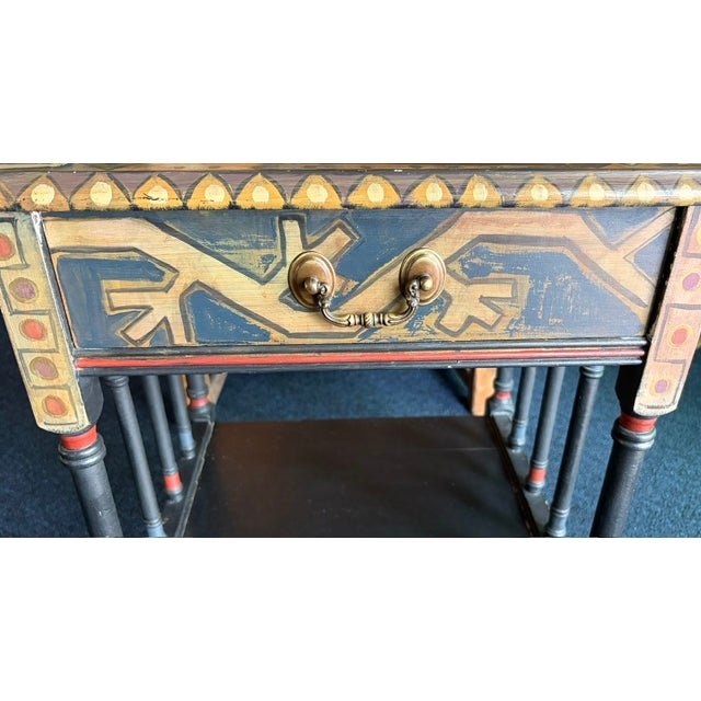 Wood Rare Folk Art Side Table With Hand Painted Geometric Designs For Sale - Image 7 of 9