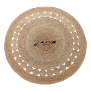 Handwoven Natural Jute Round Rug With Double Border & Cutwork Detail For Sale