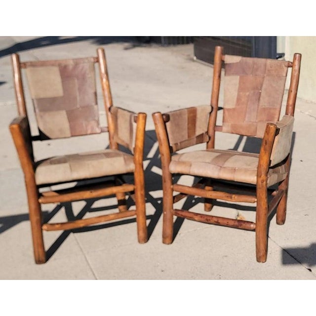 Rustic Early 20th Century Old Hickory Arm Chairs With Patchwork Leather - Set of Four For Sale - Image 3 of 11