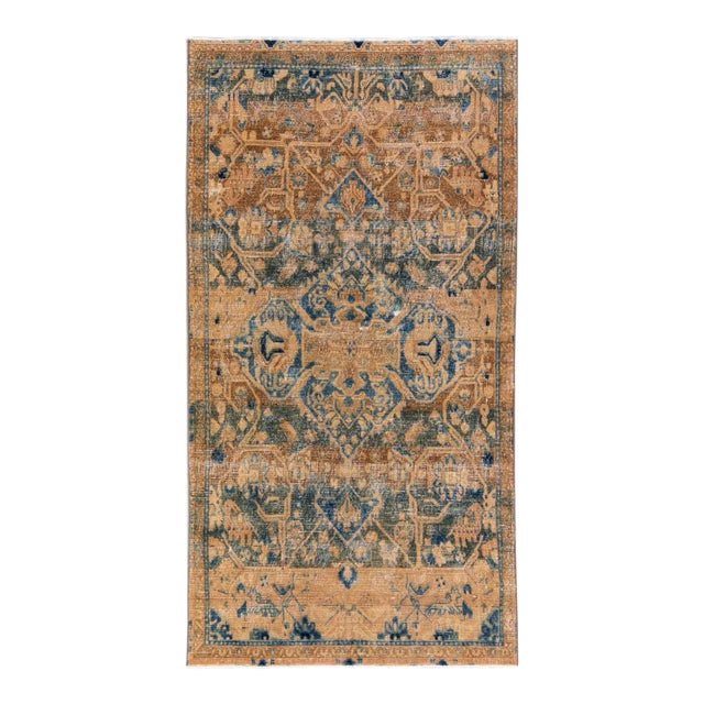 Vintage Distressed Handmade Geometric Beige Wool Rug For Sale