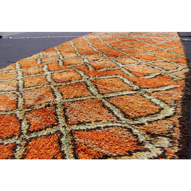 Mid 20th Century Wide Runner, Vintage Moroccan Gallery Rug With Diamond Design in Orange & Green 4'10'' X 11'4'' For Sale - Image 5 of 6