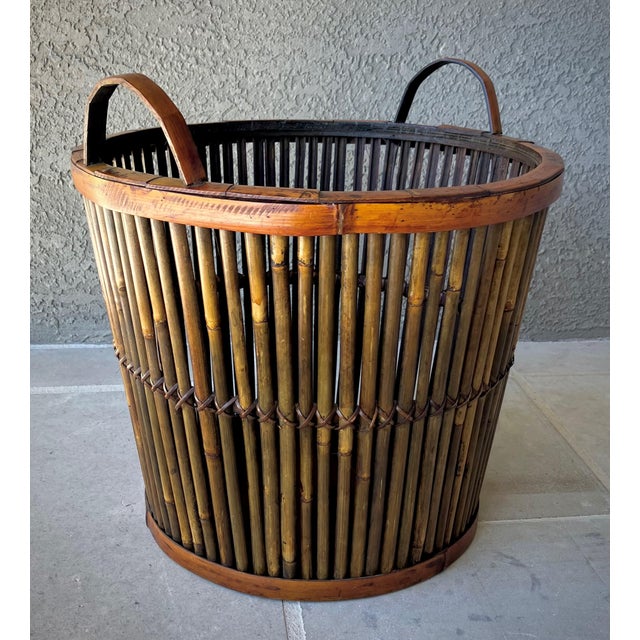 Franco Albini Mid 20th-Century Split Bamboo Tortoiseshell Planter Floor Basket With Ear Handles For Sale - Image 4 of 18