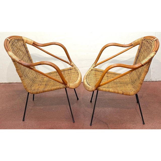 Yellow Pair of Italian Bamboo and Rattan Club Chairs Attributed to Franco Albini, Italy For Sale - Image 8 of 12