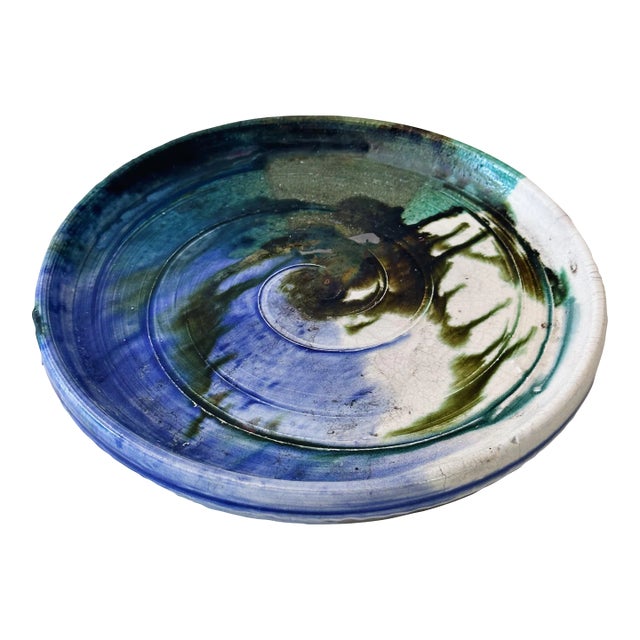 Vintage Hand Thrown Pottery Trinket Dish in Elegant Drip Glaze For Sale