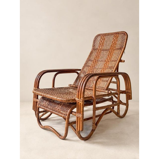 Contemporary Mid-Century Adjustable Rattan Chaise Lounge with Retractable Footrest, Japan For Sale - Image 3 of 14