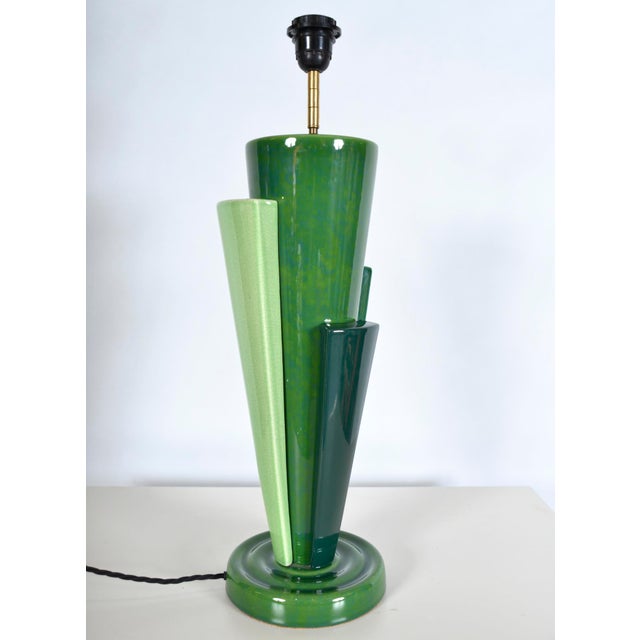 Large Postmodern Green Ceramic Table Lamp attributed to Francois Chatain, 1980s For Sale - Image 4 of 18