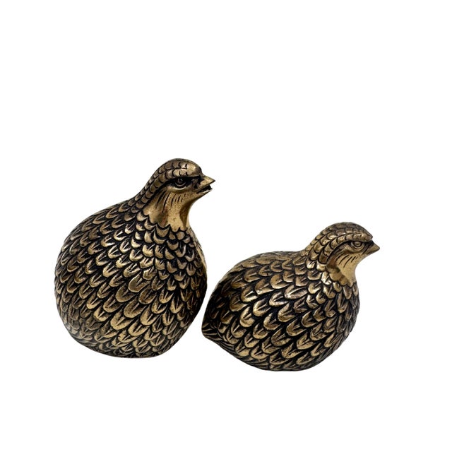 Midcentury solid brass pheasants, a pair. Large bird 3.5” x 2.5” x 4”, small bird 3.5” x 2.25” x 2.5”.