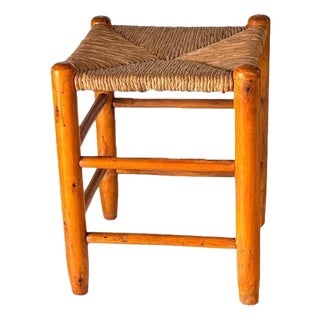 French Wood and Woven Straw Stool in the style of Charlotte Perriand, 1950s For Sale