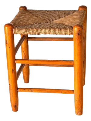 French Wood and Woven Straw Stool in the style of Charlotte Perriand, 1950s
