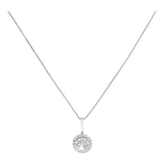 10K White Gold White Topaz and 1/10 Cttw Diamond Accent Halo Pendant Necklace For Sale