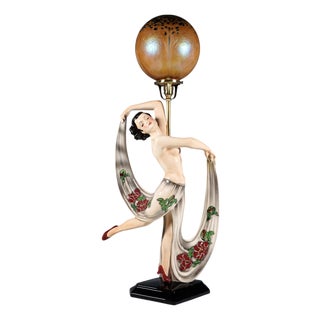 Art Deco Nude Dancer Posing with Lamp from Goldscheider, Vienna, Austria, 1942 For Sale