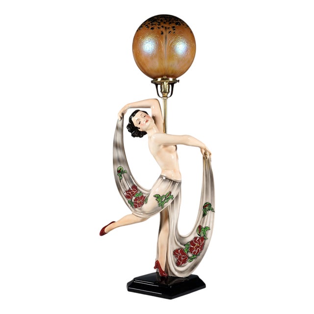 Art Deco Nude Dancer Posing with Lamp from Goldscheider, Vienna, Austria, 1942 For Sale