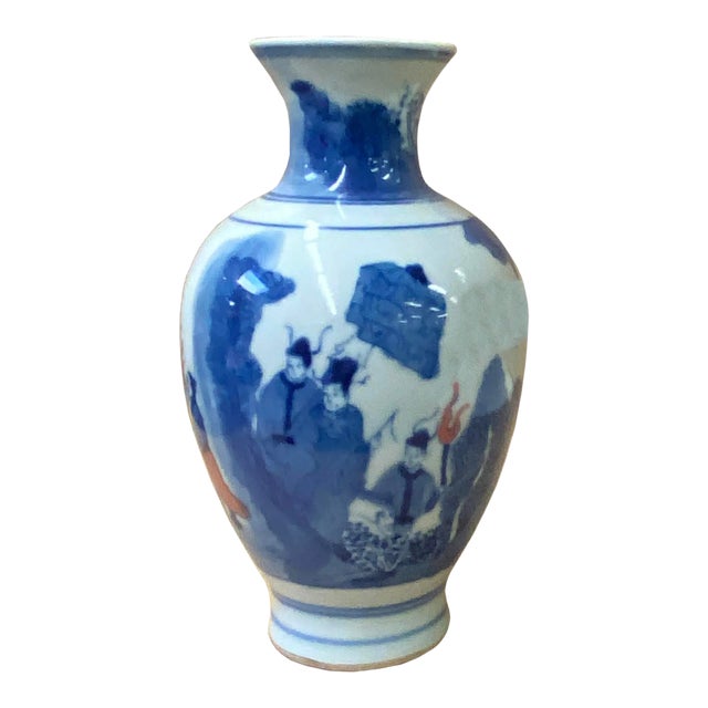 Chinese Red Blue White Porcelain Hand-Painted Graphic Small Vase For Sale